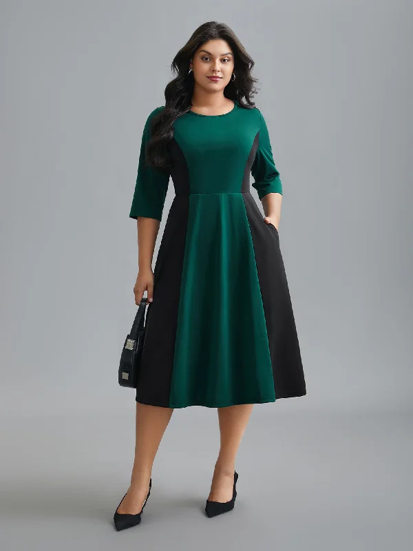 Crew Neck Color Contrast Patchwork Dress Date night unclassified dresses