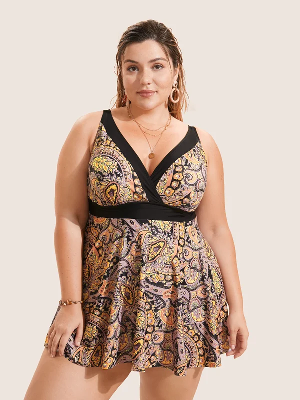 Paisley Print Wrap Contrast Trim Swim Dress Smocked unclassified dresses