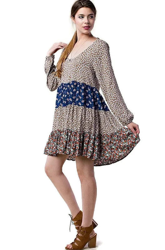 Mixed Print Tie Back Dress, Taupe Soft fabric unclassified dresses
