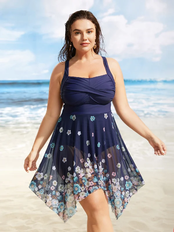 Flowers Patchwork Mesh Hanky Hem Swim Dress Backless unclassified dresses