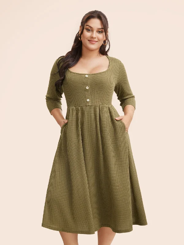 Square Neck Waffle Knit Button Detail Dress Graduation unclassified dresses