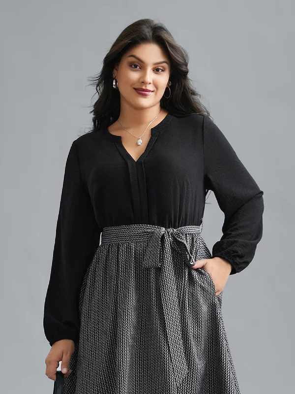 Notched Collar Color Block Waist Tie Dress Cotton unclassified dresses