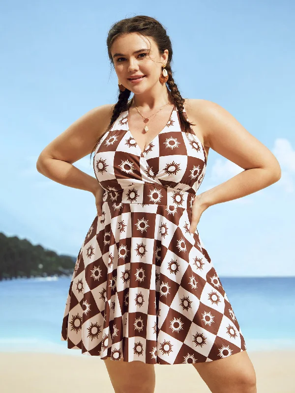 Overlap Collar Sun Print Pocket Swim Dress Cocktail unclassified dresses