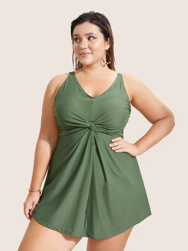 Plain Twist Front Gathered Swim Dress Cocktail unclassified dresses