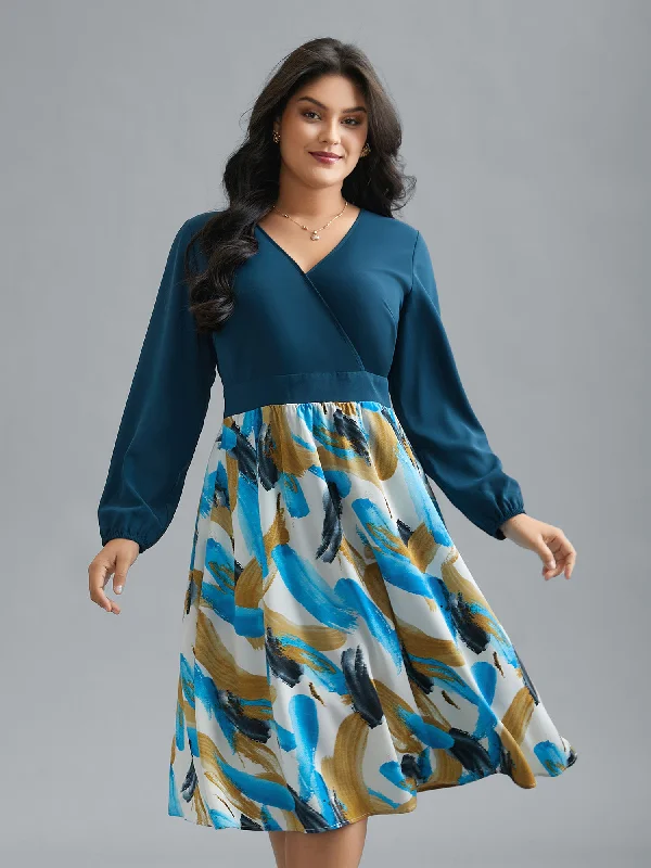 Brush Stroke Print Contrast Spliced Dress Metallic unclassified dresses