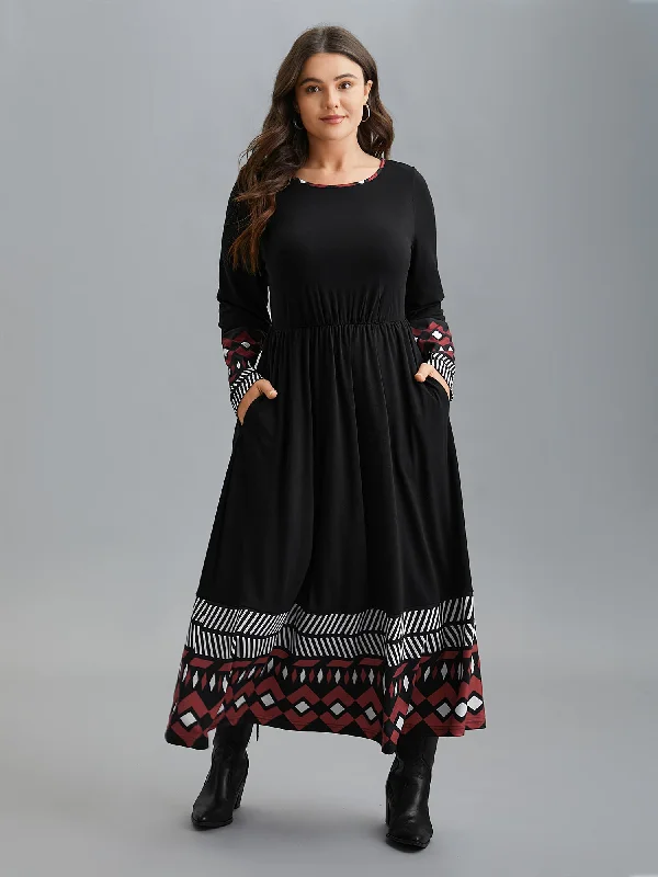 Crew Neck Geometric Print Patchwork Dress Fall unclassified dresses