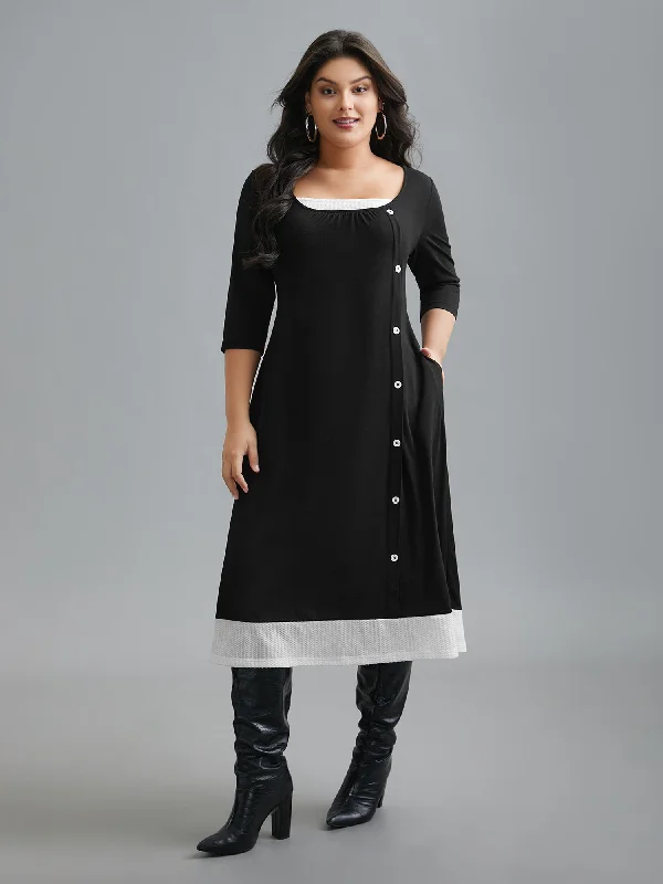 Square Neck Color Block Button Detail Dress Anniversary unclassified dresses
