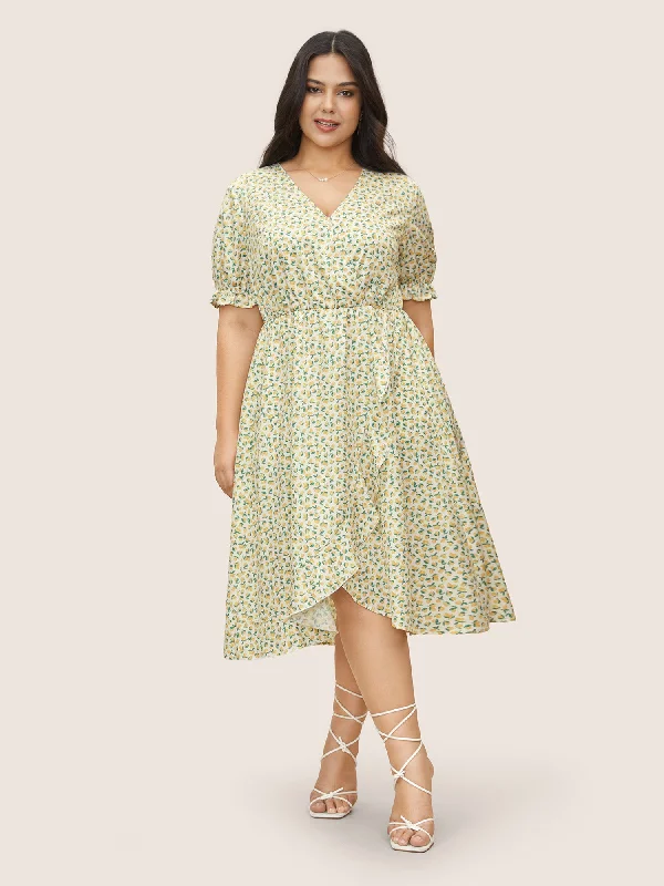 Citrus Lemon Print Overlap Collar Lantern Sleeve Dress Boho unclassified dresses