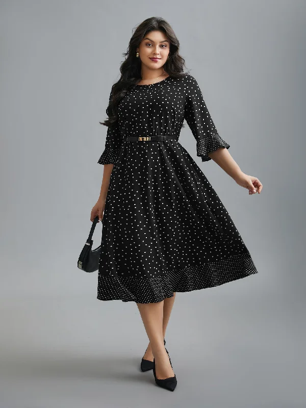 Crew Neck Polka Dot Waist Cinched Dress Chiffon unclassified dresses