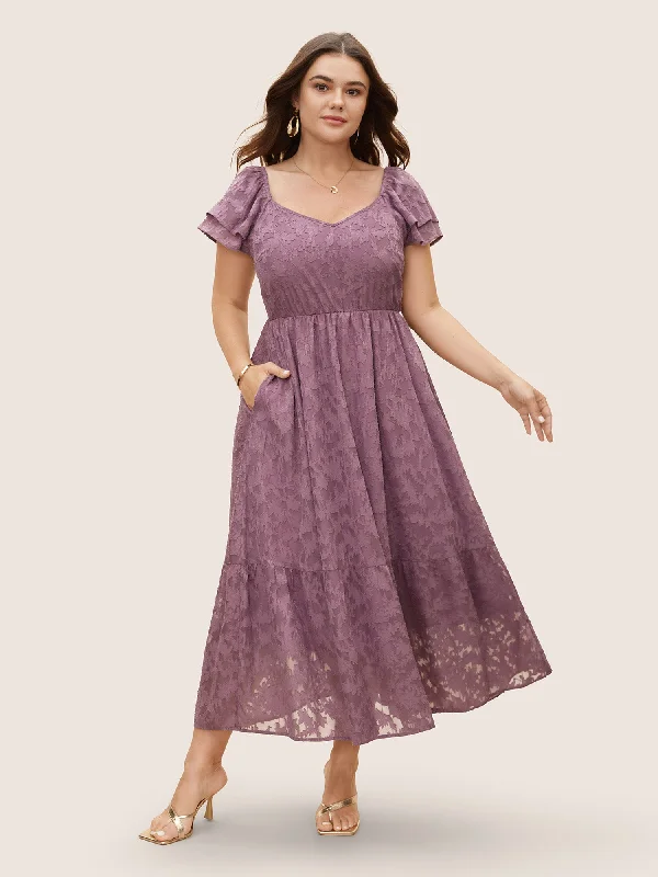 Heart Neckline Jacquard Tiered Ruffle Sleeve Dress Preppy unclassified dresses
