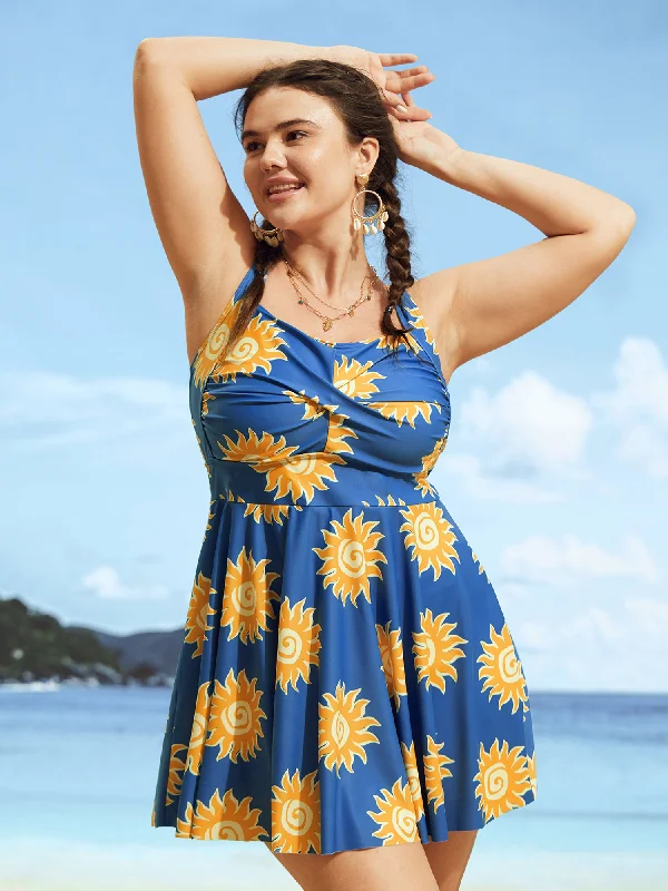 Heart Neckline Sun Print Crossover Swim Dress Floral unclassified dresses