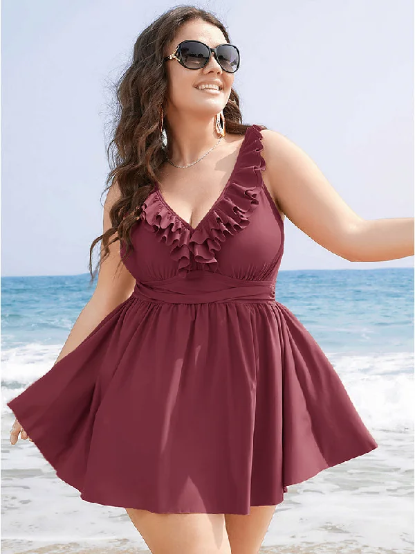 Ruffle Trim Adjustable Straps Gathered Sculpt Waist Swim Dress Ruched unclassified dresses