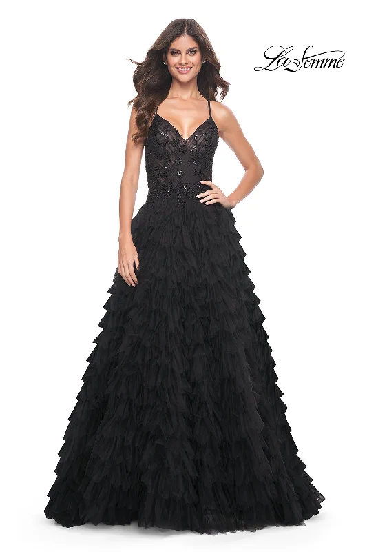 La Femme 32108 V-Neck Neckline Lace up Back Tulle Ball Gowns Evening Dress Short Tulle Dress