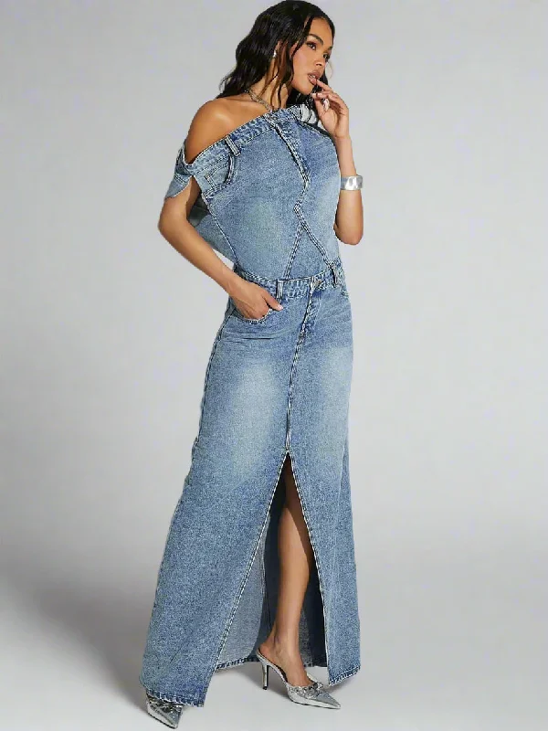 Off The Shoulder Split Front Denim Dress A-line Denim Skirt