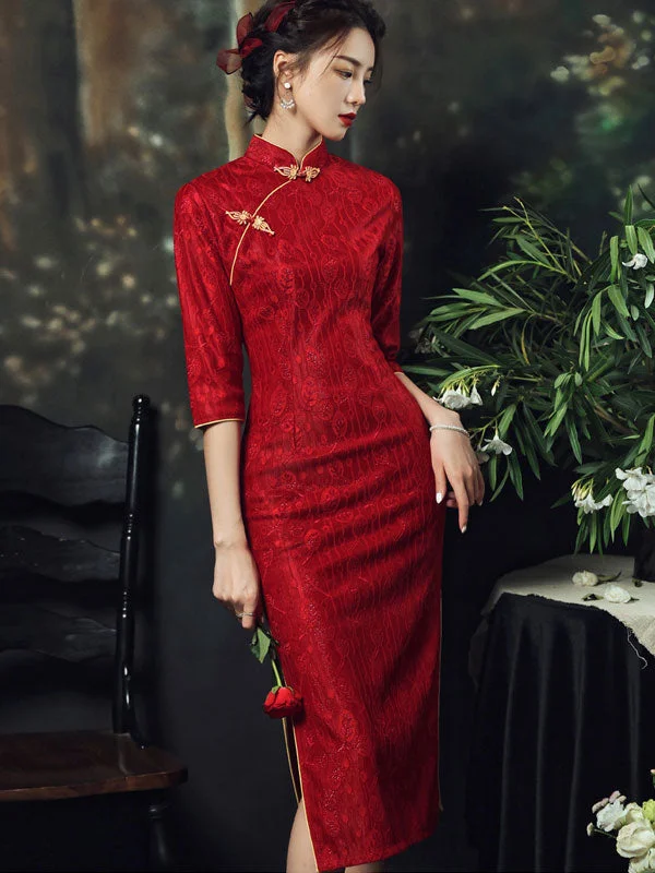 Red Lace Tea-Length Wedding Qi Pao Cheongsam Dress Sparkling Bridal Gown