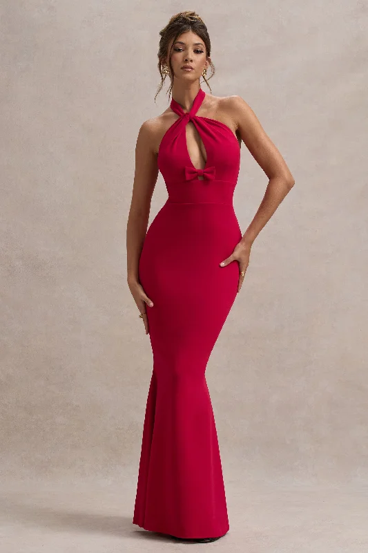 Raelynn | Red Halter-Neck Cut-Out Maxi Dress With Bow Floral A-line Skirt