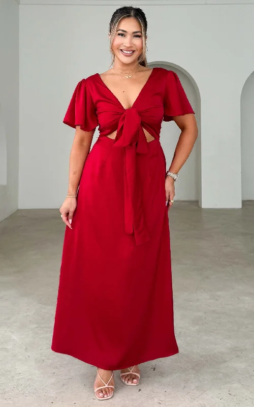 Roza Short Sleeve Maxi Dress - Red Knit Maxi Skirt