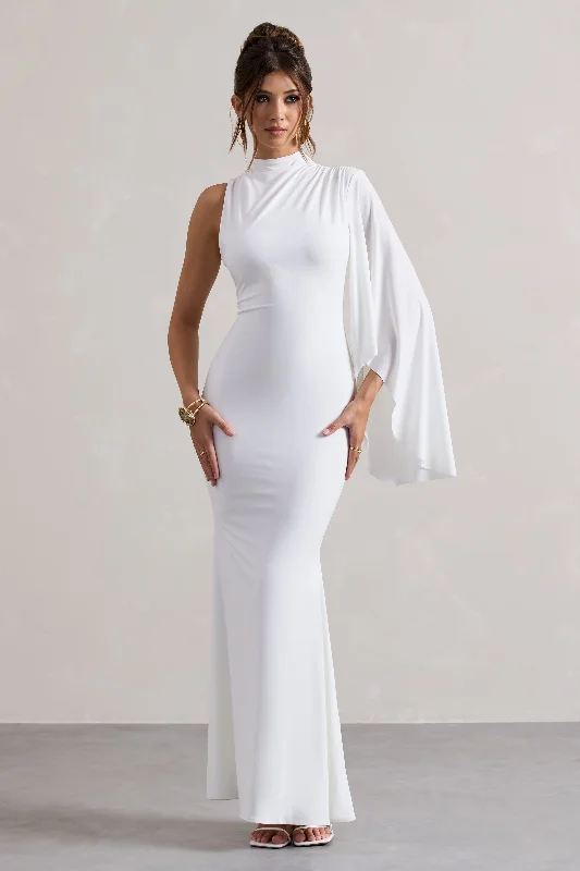 Samaya | White High-Neck Cape-Sleeve Maxi Dress V-neck Maxi Skirt