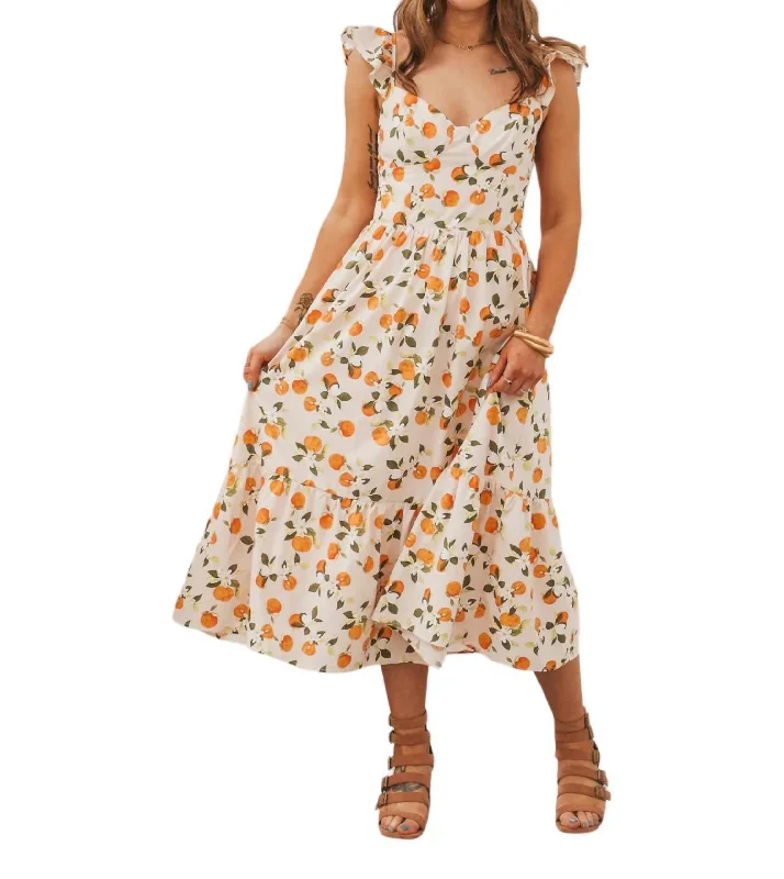 Floral Midi Dress In Orange Pleated Floral Midi